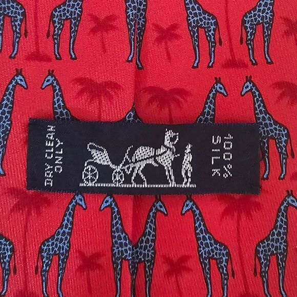 100% REAL HERMES SILK TIE ~ Red with Blue Giraffe - Picture 6 of 7